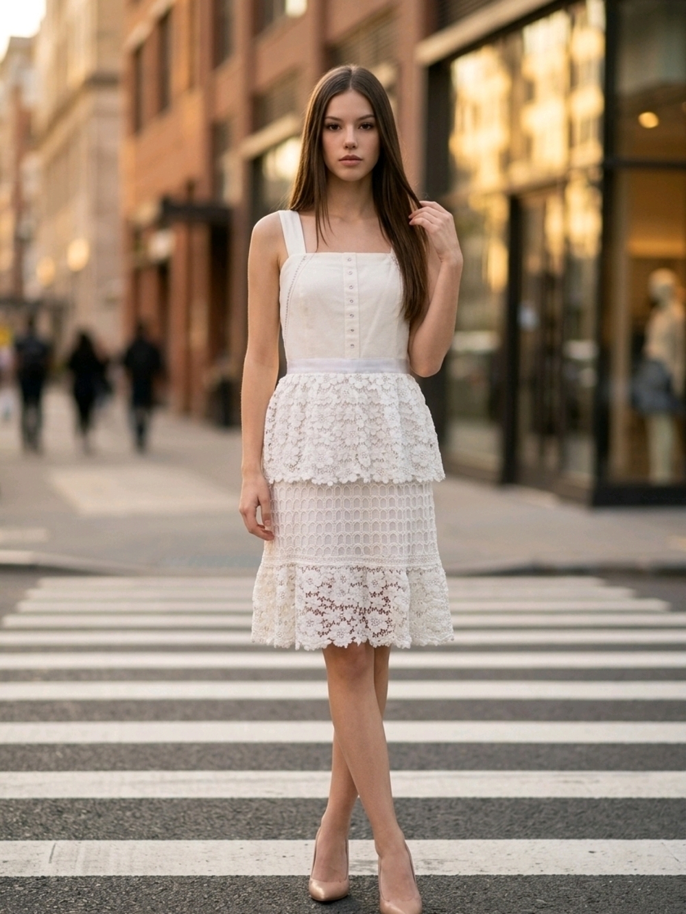 Boston Proper Cream Lace-Trim Sleeveless Dress